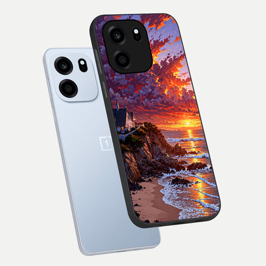 Sunset House By Sea phone case For OnePlus Nord CE 6 showing premium glass back cover with detailed artwork