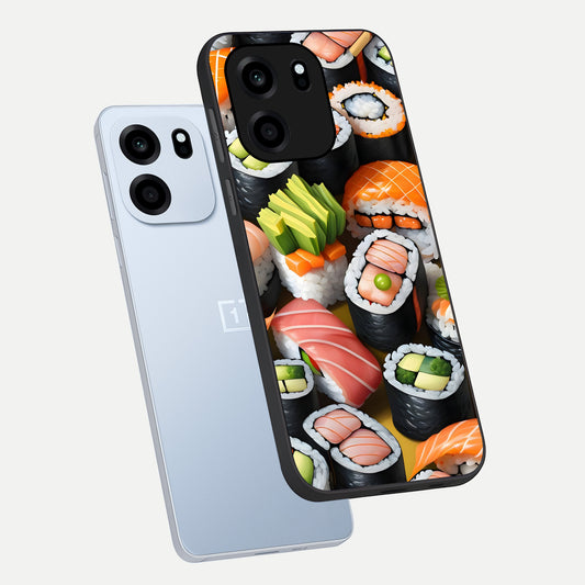 Sushi Food Pattern phone case For OnePlus Nord CE 6 showing premium glass back cover with detailed artwork