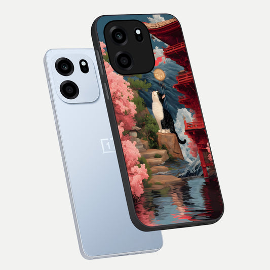 Temple Cat Scenery phone case For OnePlus Nord CE 6 showing premium glass back cover with detailed artwork