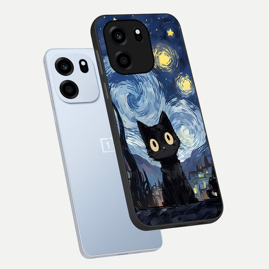 Van Gogh Cat phone case For OnePlus Nord CE 6 showing premium glass back cover with detailed artwork