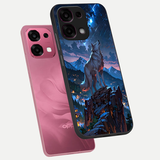 Celestial Wolf Howl phone case For Oppo F31 5G showing premium glass back cover with detailed artwork