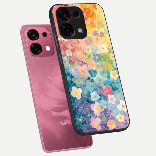 Rainbow Blossom Burst phone case For Oppo F31 5G showing premium glass back cover with detailed artwork