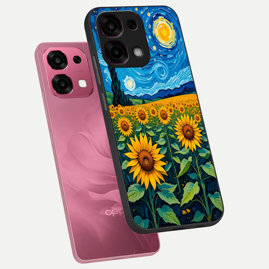 Starry Sunflower Dreams phone case For Oppo F31 5G showing premium glass back cover with detailed artwork