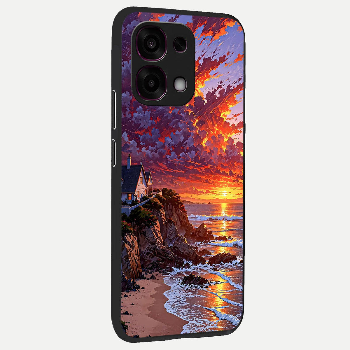 Sunset House By Sea back cover For Oppo F31 5G slim fit glass case with vibrant aesthetic design