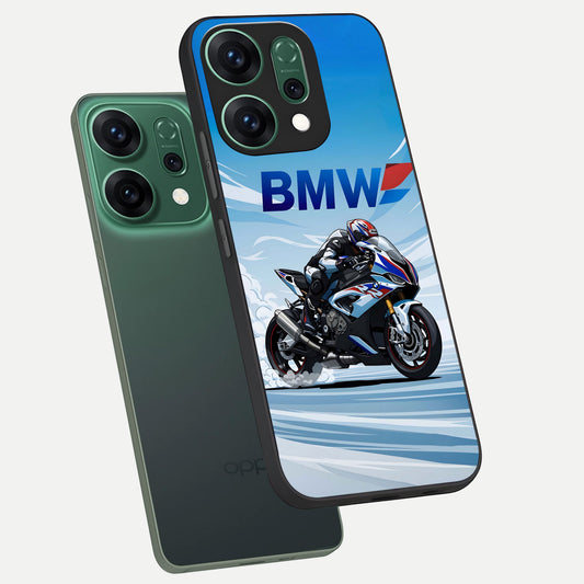 BMW Power Drift phone case For Oppo Reno 14 showing premium glass back cover with detailed artwork