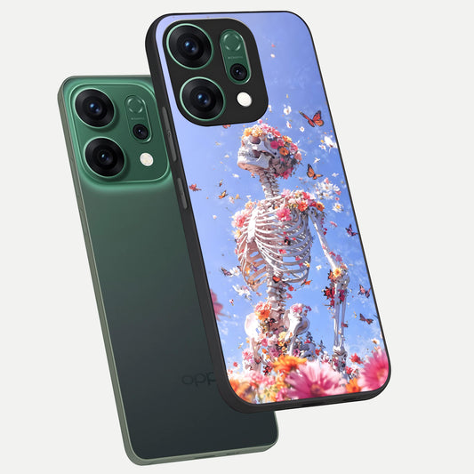 Bloom Beyond Bones phone case For Oppo Reno 14 showing premium glass back cover with detailed artwork
