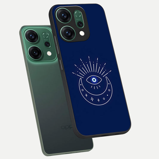 Blue Evil Eye phone case For Oppo Reno 14 showing premium glass back cover with detailed artwork