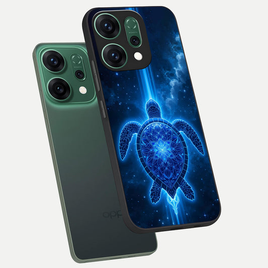 Blue Galaxy Turtle phone case For Oppo Reno 14 showing premium glass back cover with detailed artwork