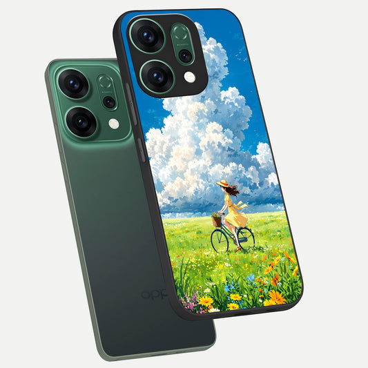 Breezy Meadow Ride phone case For Oppo Reno 14 showing premium glass back cover with detailed artwork