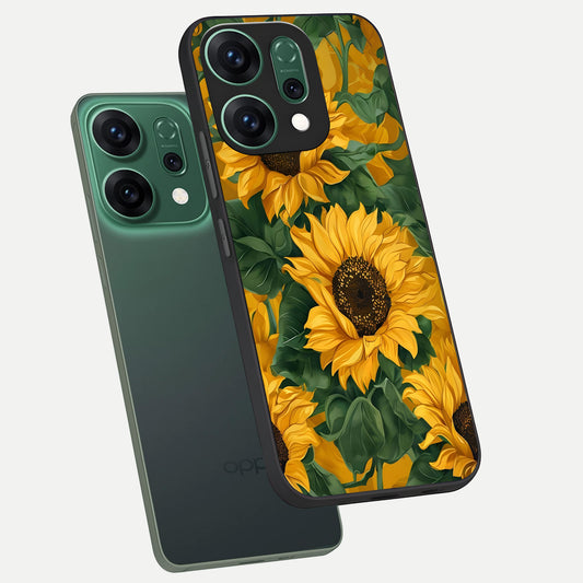 Bright Sunflower Bloom phone case For Oppo Reno 14 showing premium glass back cover with detailed artwork