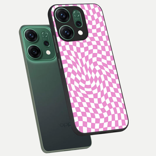 Bubblegum Check Wave phone case For Oppo Reno 14 showing premium glass back cover with detailed artwork