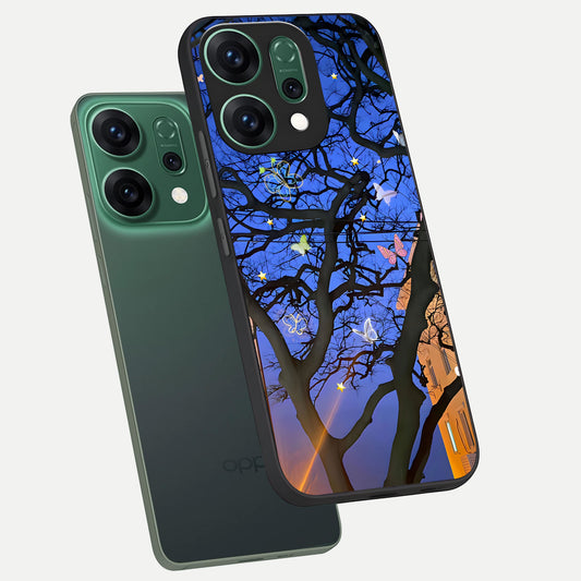 Butterfly Night Magic phone case For Oppo Reno 14 showing premium glass back cover with detailed artwork