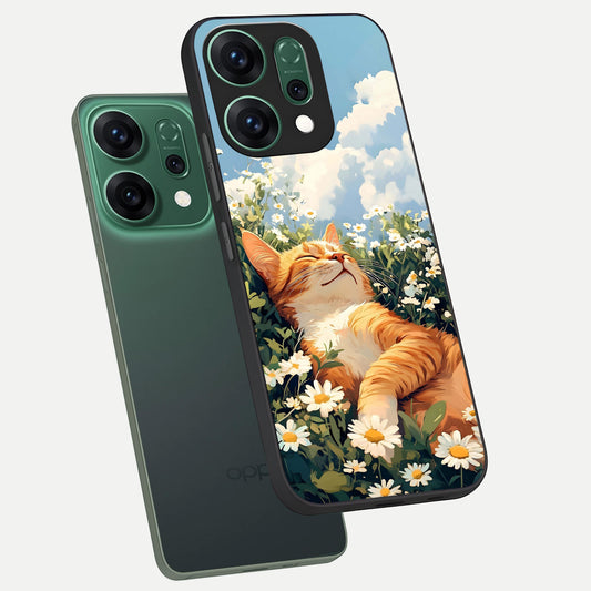 Cat And Flowers View phone case For Oppo Reno 14 showing premium glass back cover with detailed artwork