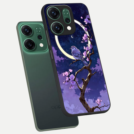 Celestial Bird Blossom phone case For Oppo Reno 14 showing premium glass back cover with detailed artwork