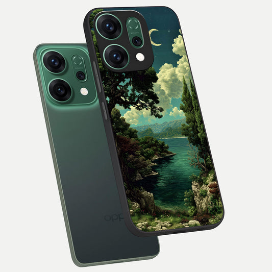 Celestial Lake Peace phone case For Oppo Reno 14 showing premium glass back cover with detailed artwork
