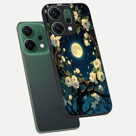 Celestial Moon And Flower phone case For Oppo Reno 14 showing premium glass back cover with detailed artwork