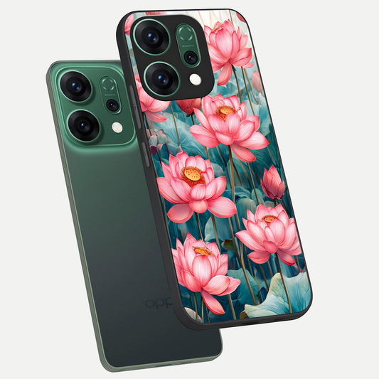 Celestial Pink Lotus phone case For Oppo Reno 14 showing premium glass back cover with detailed artwork