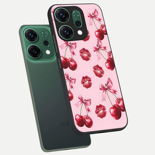 Cherry With Lips phone case For Oppo Reno 14 showing premium glass back cover with detailed artwork