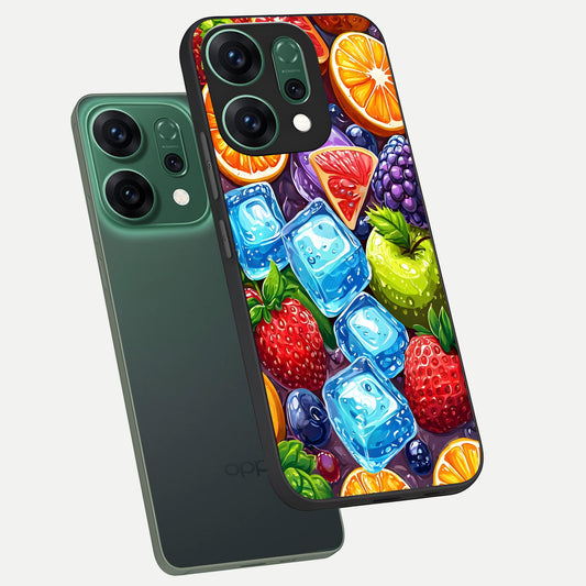 Colorful Fruits with Ice phone case For Oppo Reno 14 showing premium glass back cover with detailed artwork
