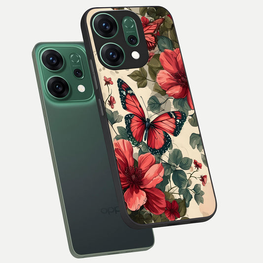 Crimson Butterfly Garden phone case For Oppo Reno 14 showing premium glass back cover with detailed artwork