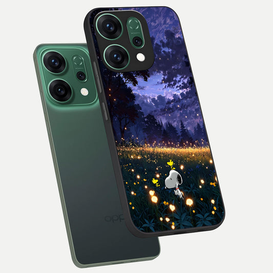 Firefly Meadow Magic phone case For Oppo Reno 14 showing premium glass back cover with detailed artwork