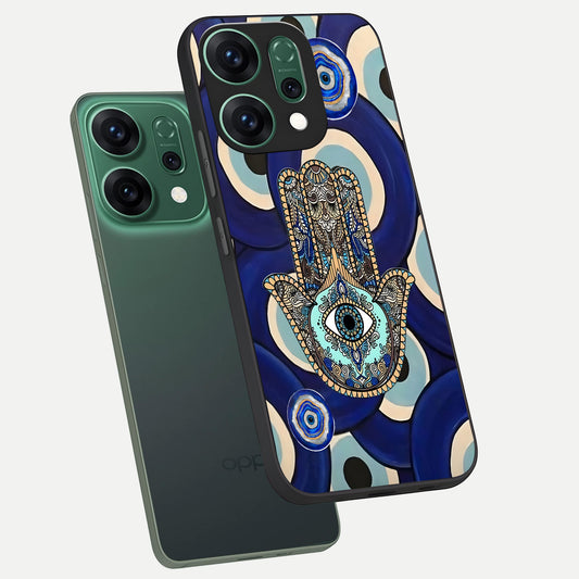 Hamsa Divine Guard phone case For Oppo Reno 14 showing premium glass back cover with detailed artwork