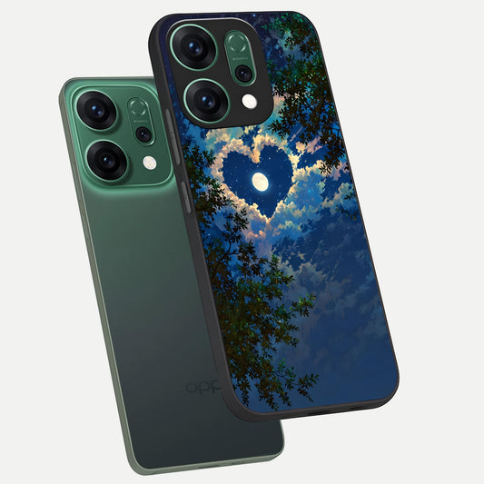 Heart With Moon Sky phone case For Oppo Reno 14 showing premium glass back cover with detailed artwork