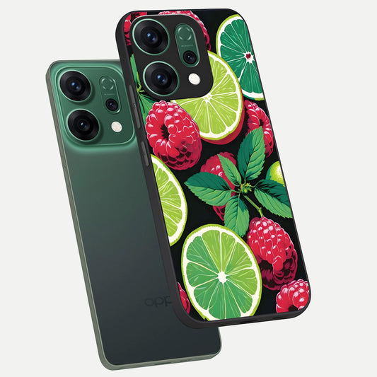 Lime and Raspberry Pattern phone case For Oppo Reno 14 showing premium glass back cover with detailed artwork