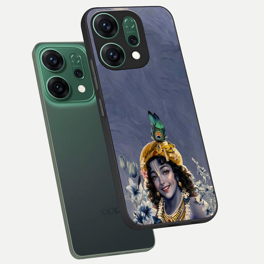 Lord Krishna phone case For Oppo Reno 14 showing premium glass back cover with detailed artwork