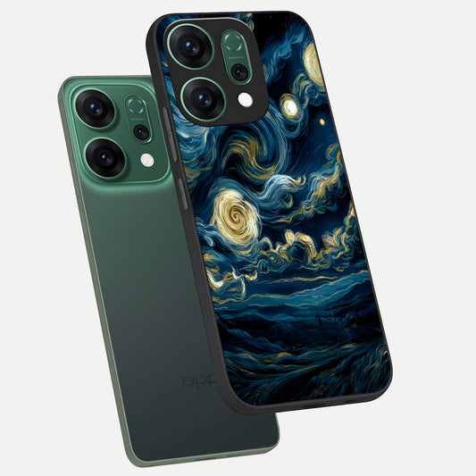 Midnight Sky Whirl phone case For Oppo Reno 14 showing premium glass back cover with detailed artwork