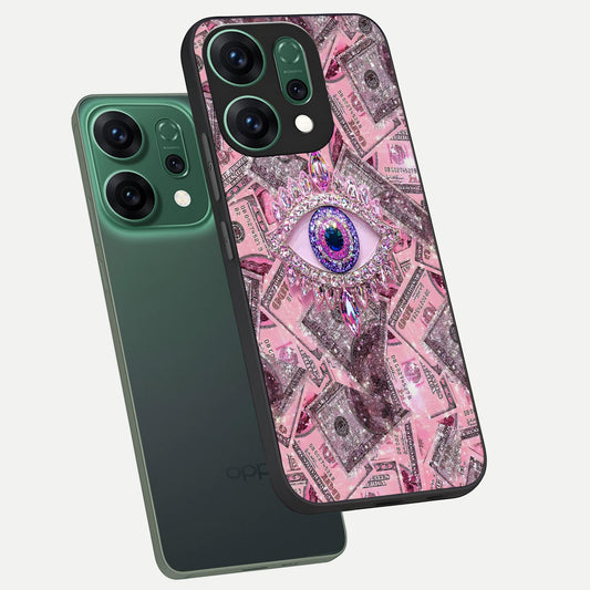 Money Eye Luxe phone case For Oppo Reno 14 showing premium glass back cover with detailed artwork