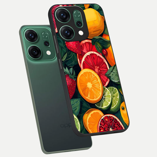 Multiple Fruits phone case For Oppo Reno 14 showing premium glass back cover with detailed artwork