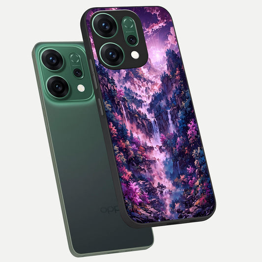 Mystic Cascade Peaks phone case For Oppo Reno 14 showing premium glass back cover with detailed artwork