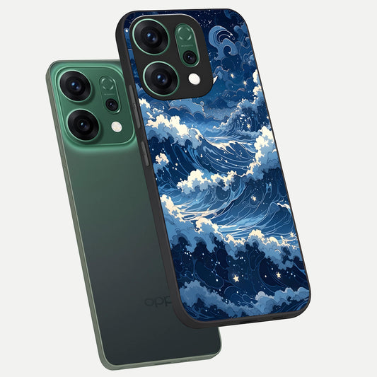 Ocean Moon Waves phone case For Oppo Reno 14 showing premium glass back cover with detailed artwork