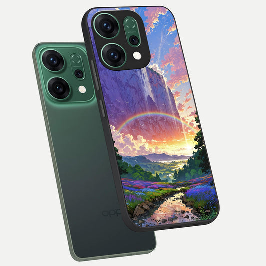 Rainbow Valley Dream phone case For Oppo Reno 14 showing premium glass back cover with detailed artwork