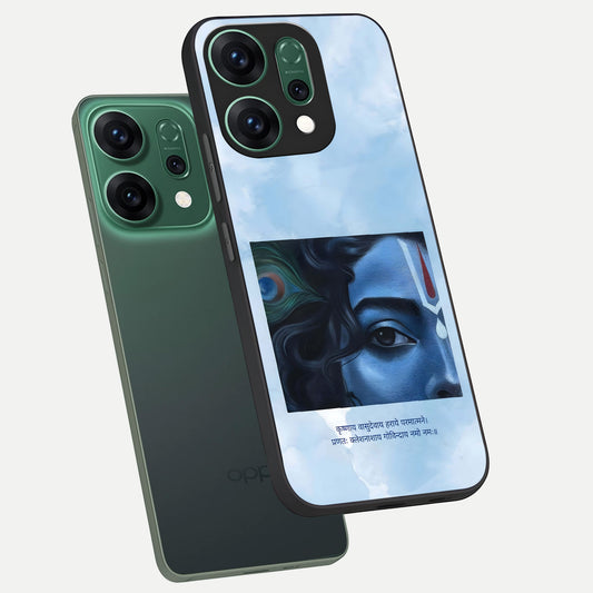 Spiritual Krishna phone case For Oppo Reno 14 showing premium glass back cover with detailed artwork