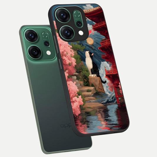 Temple Cat Scenery phone case For Oppo Reno 14 showing premium glass back cover with detailed artwork