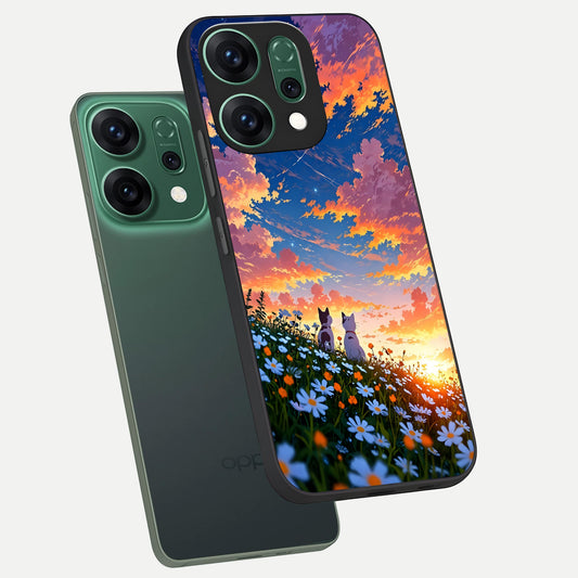 Two Cats Friends phone case For Oppo Reno 14 showing premium glass back cover with detailed artwork