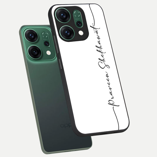 White Tune Custom Name phone case For Oppo Reno 14 showing premium custom name glass back cover