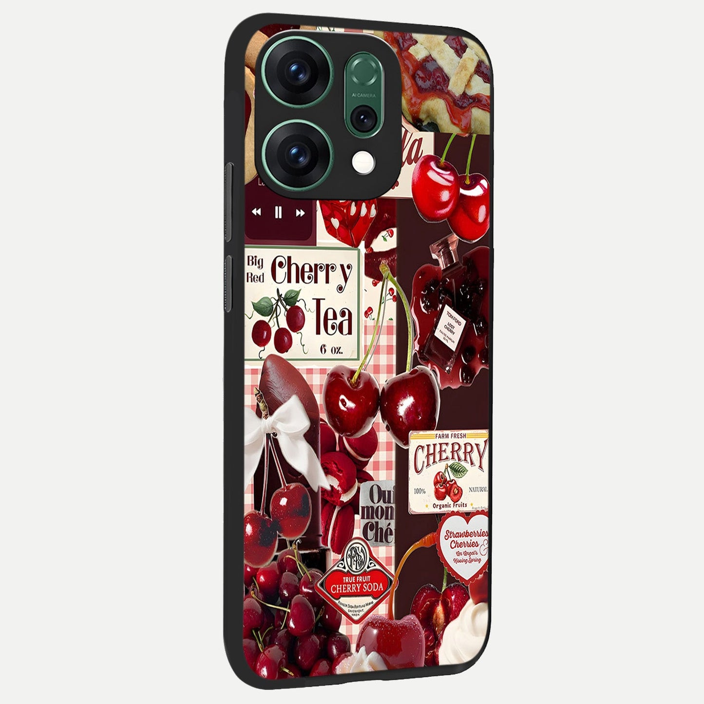 Aesthetic Cherry Tea back cover For Oppo Reno 14 slim fit glass case with vibrant aesthetic design