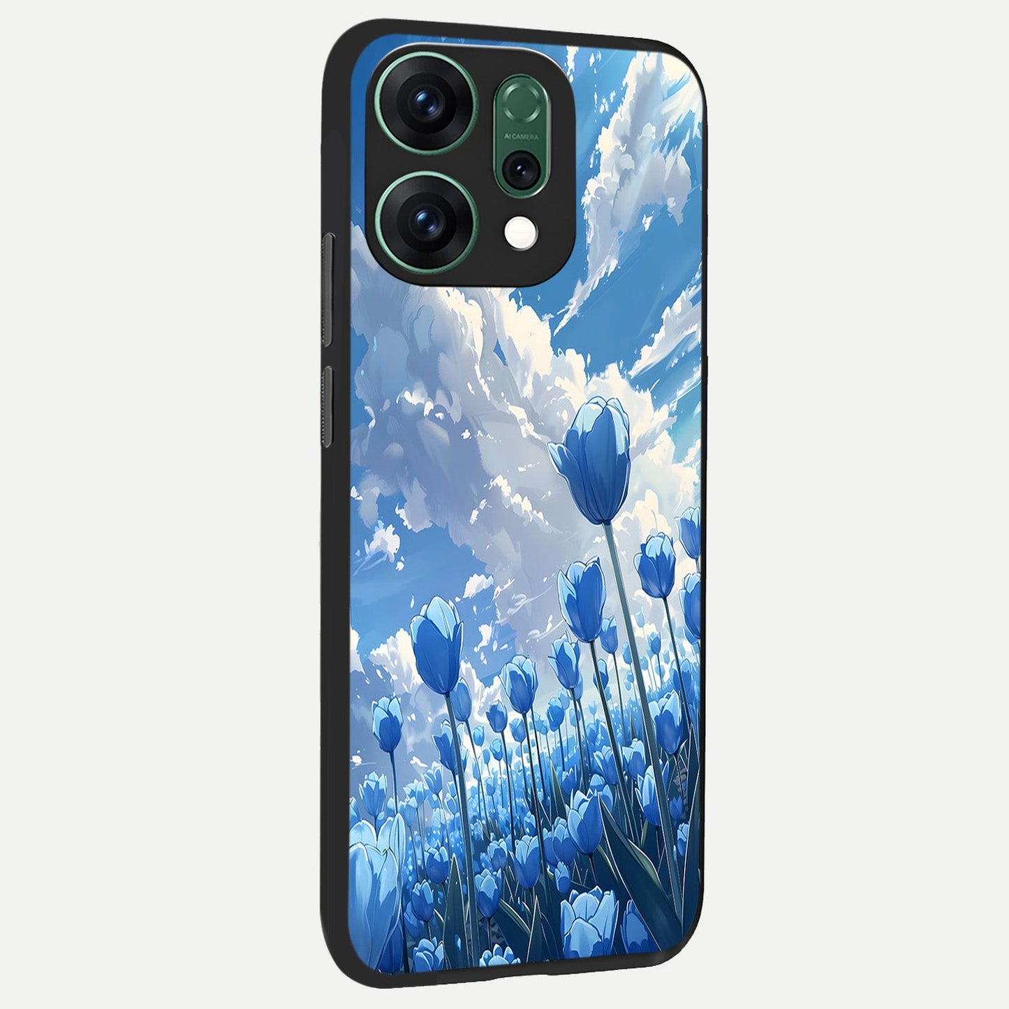 Blue Tulip Clouds back cover For Oppo Reno 14 slim fit glass case with vibrant aesthetic design