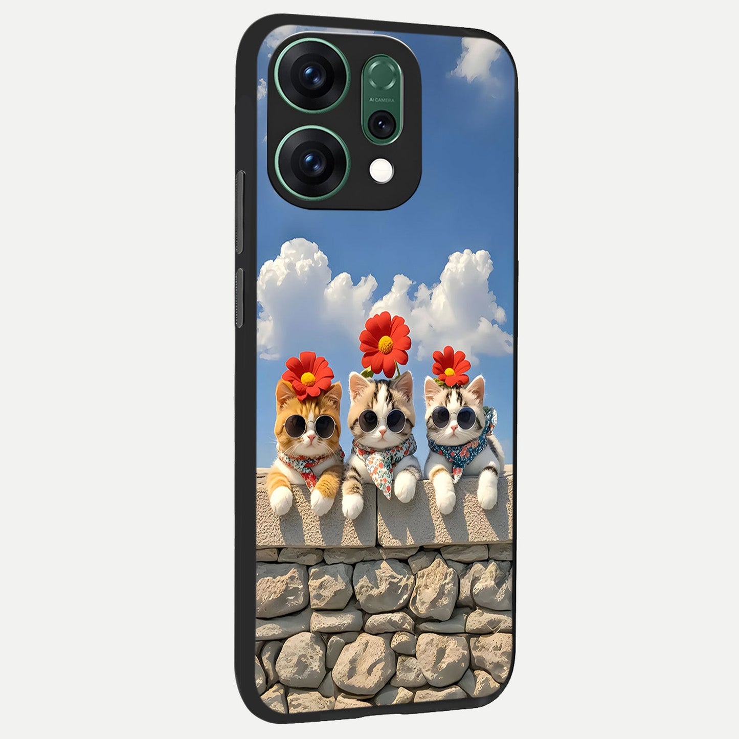 Floral Kitty Squad back cover For Oppo Reno 14 slim fit glass case with vibrant aesthetic design