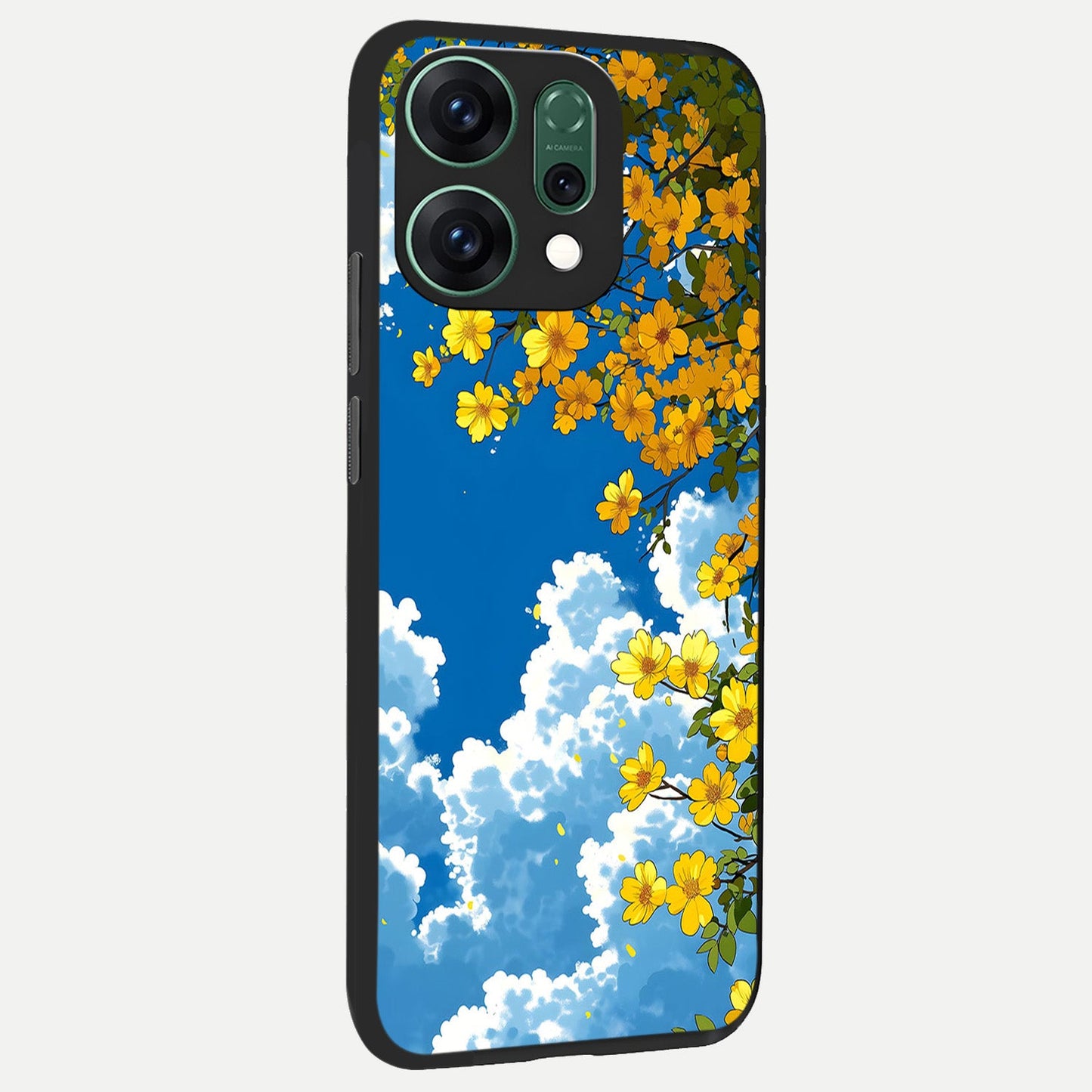 Golden Petal Sky back cover For Oppo Reno 14 slim fit glass case with vibrant aesthetic design