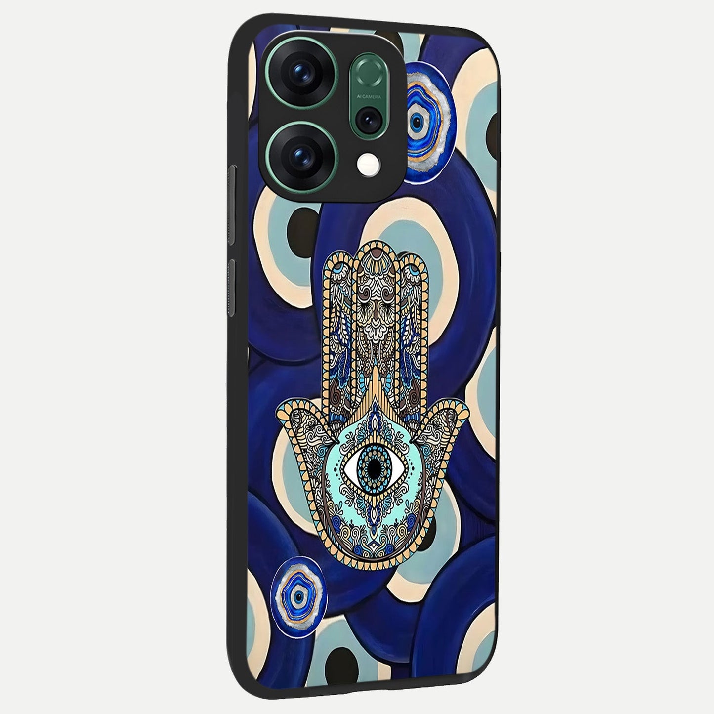 Hamsa Divine Guard back cover For Oppo Reno 14 slim fit glass case with vibrant aesthetic design