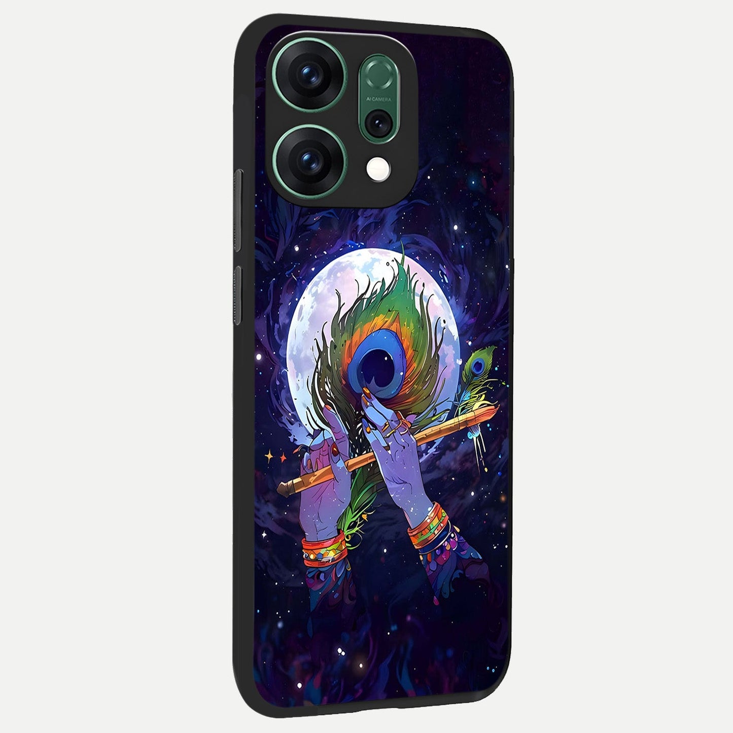 Krishna Hands Art back cover For Oppo Reno 14 slim fit glass case with vibrant aesthetic design