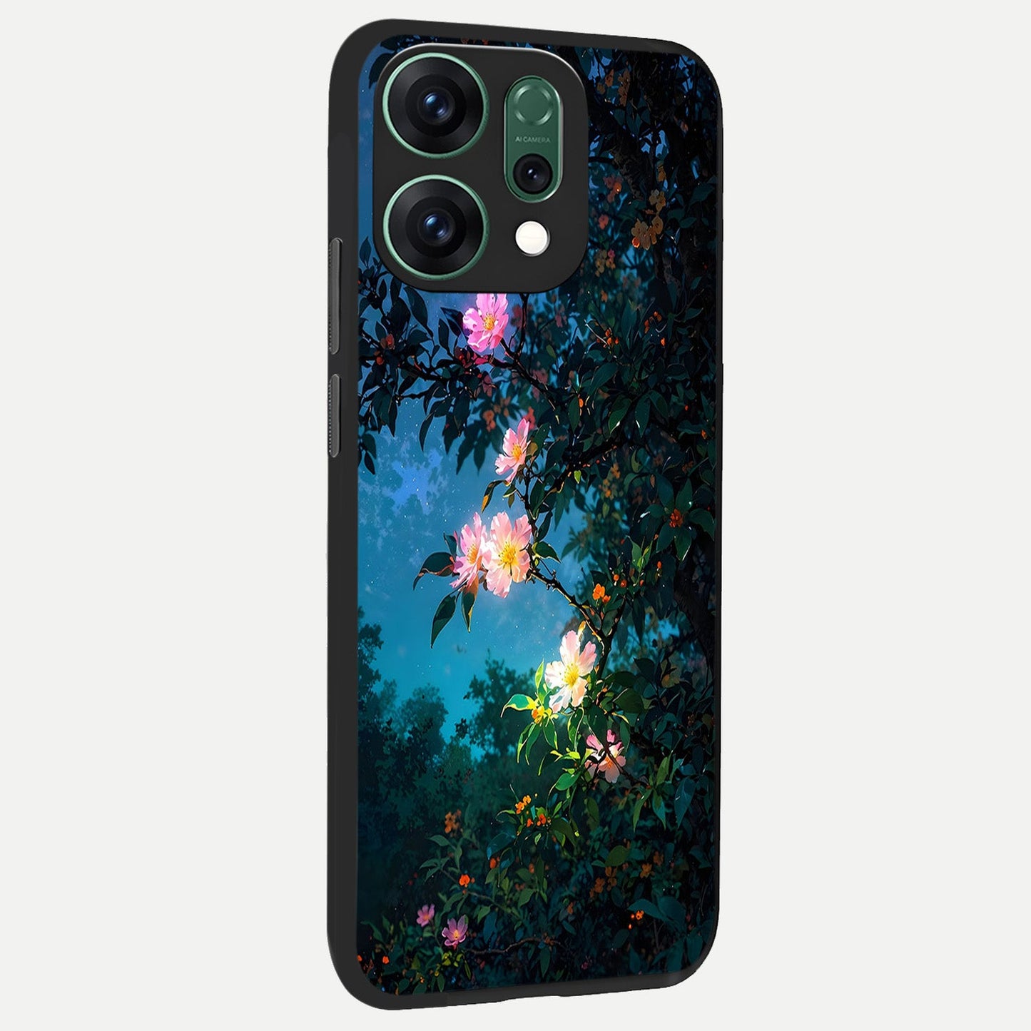 Midnight Bloom Glow back cover For Oppo Reno 14 slim fit glass case with vibrant aesthetic design