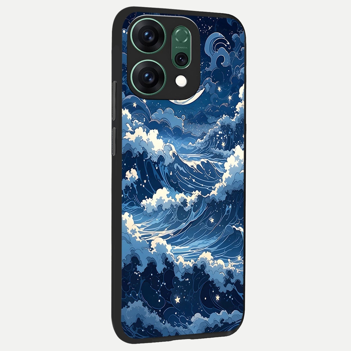 Ocean Moon Waves back cover For Oppo Reno 14 slim fit glass case with vibrant aesthetic design