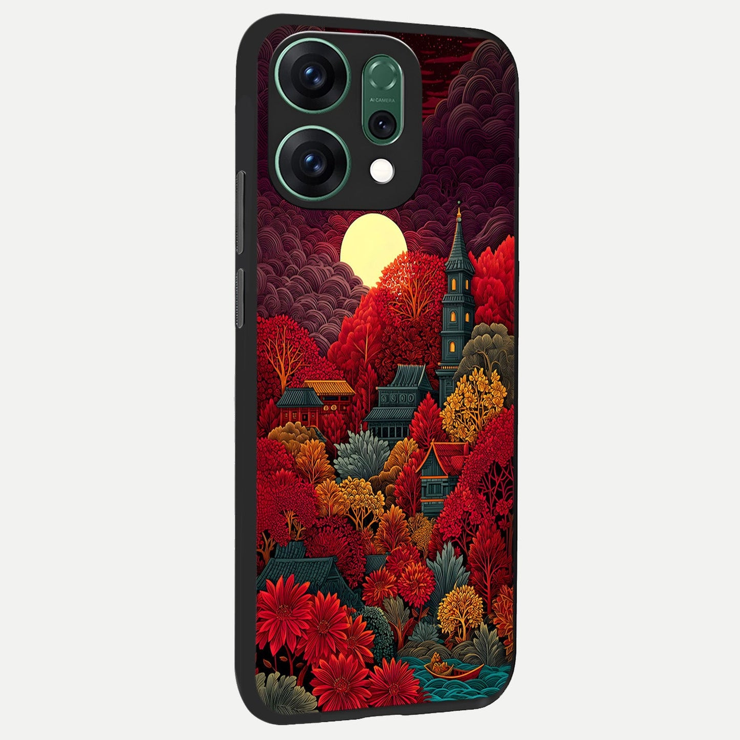 Scarlet Autumn Temple back cover For Oppo Reno 14 slim fit glass case with vibrant aesthetic design