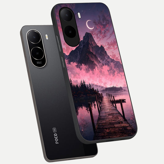 Beautiful Mountain View phone case For Poco C85x showing premium glass back cover with detailed artwork