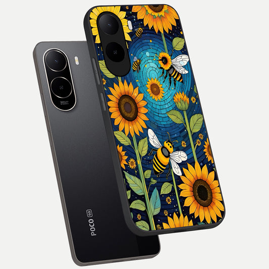 Bees And Sunflowers phone case For Poco C85x showing premium glass back cover with detailed artwork